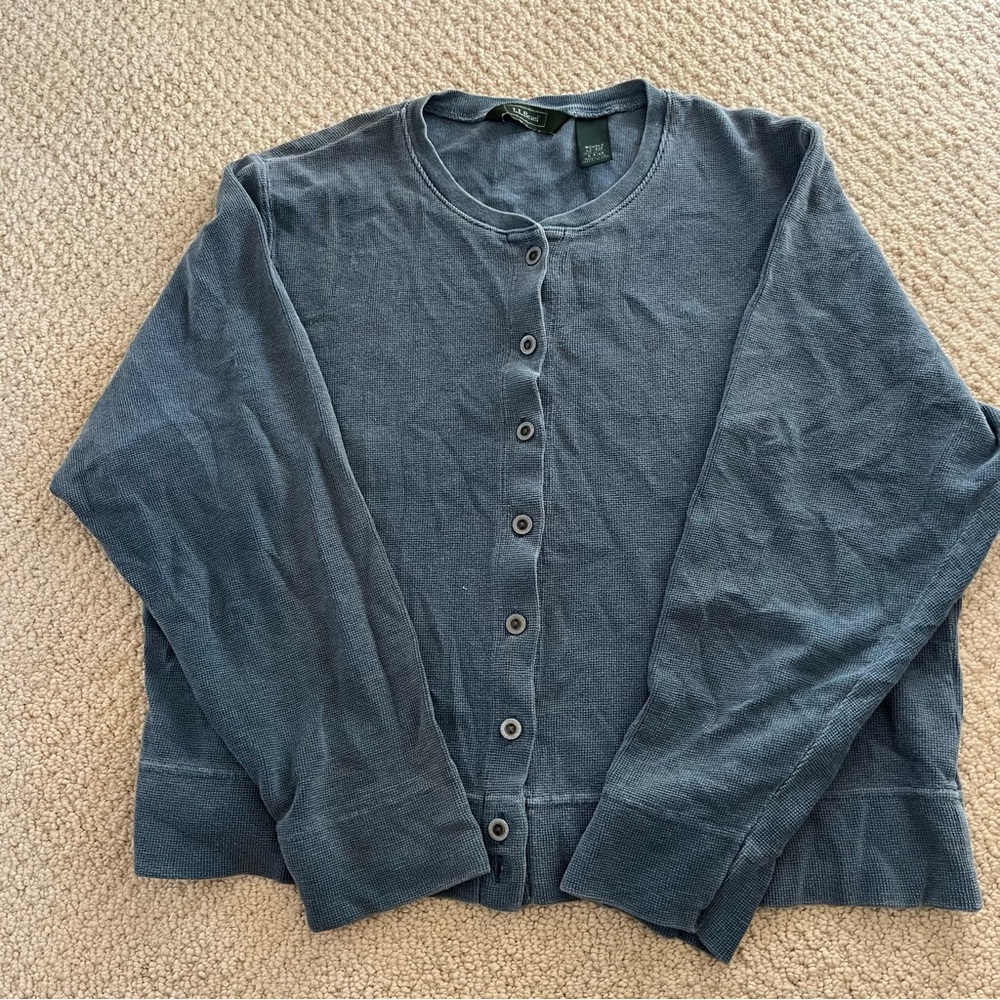 L.L. Bean Blue Cardigan Relaxed Fit Soft waffle Knit